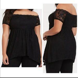 NWOT Torrid Black Lace Off Shoulder Babydoll Top 3X